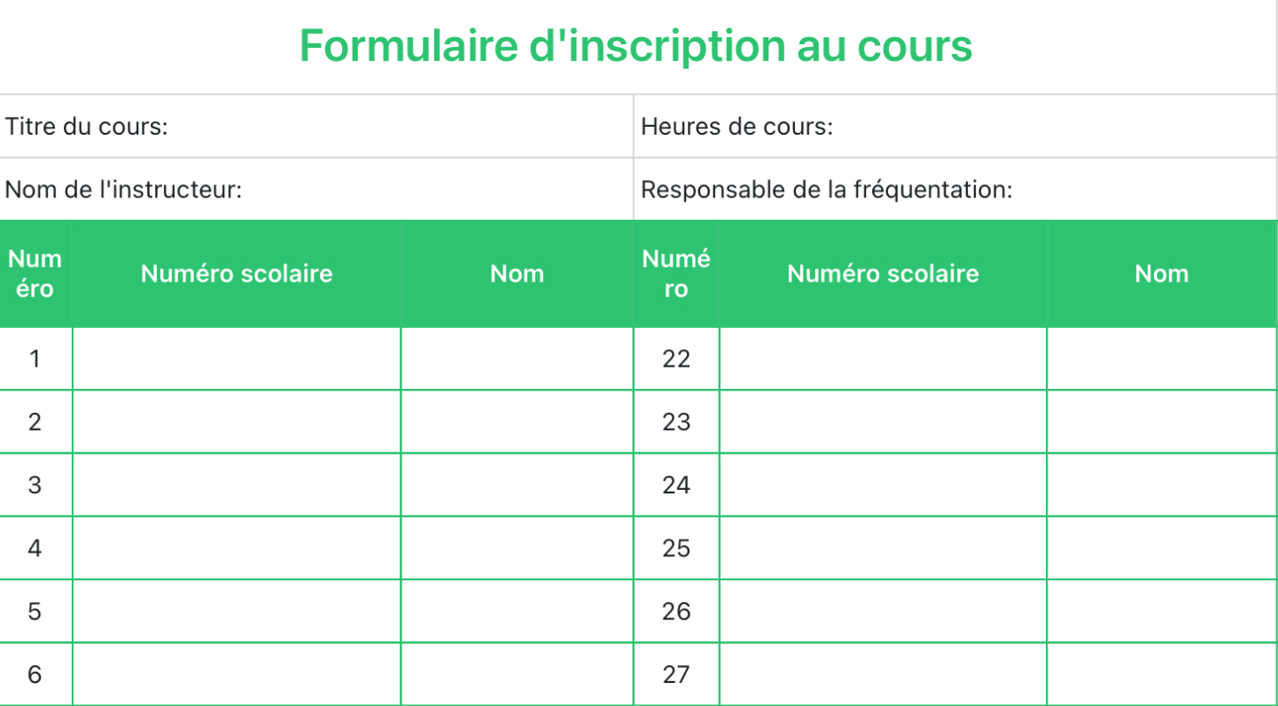 Formulaire d'inscription au cours